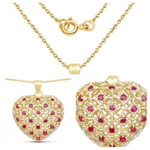 14k gold heart shaped ruby gold and diamond necklace and charm
